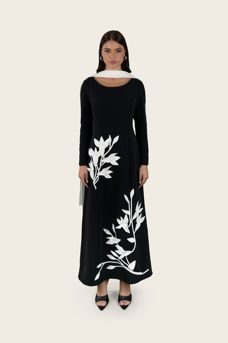 Crepe Dress with 3D Floral Appliqué & Chiffon Scarf