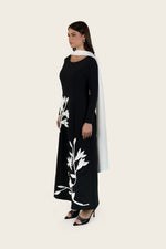 Crepe Dress with 3D Floral Appliqué & Chiffon Scarf