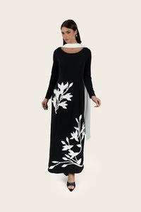 Crepe Dress with 3D Floral Appliqué & Chiffon Scarf