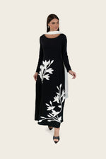 Crepe Dress with 3D Floral Appliqué & Chiffon Scarf