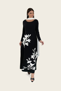Crepe Dress with 3D Floral Appliqué & Chiffon Scarf