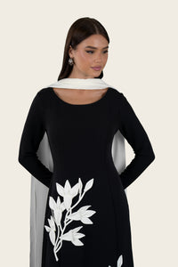 Crepe Dress with 3D Floral Appliqué & Chiffon Scarf