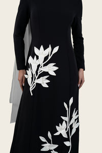 Crepe Dress with 3D Floral Appliqué & Chiffon Scarf