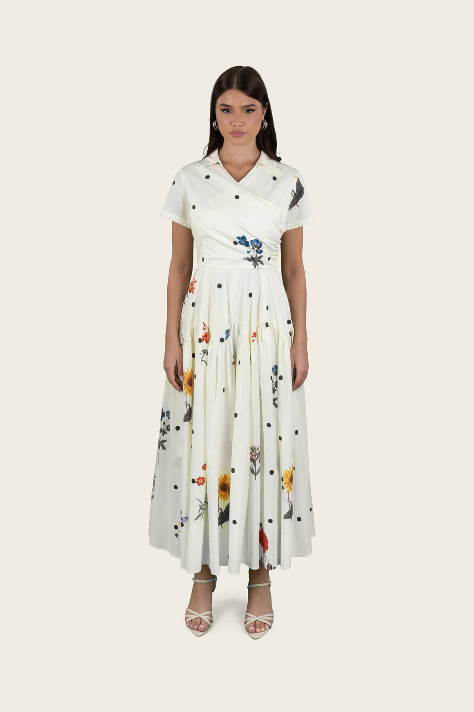 Luxury Poplin Midi Shirt Dress with Floral & Polka Dot Print