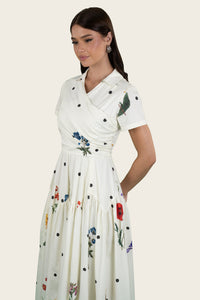Luxury Poplin Midi Shirt Dress with Floral & Polka Dot Print