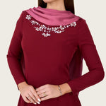 Embellished Evening Crepe Maxi Dress with Attached Satin Scarf