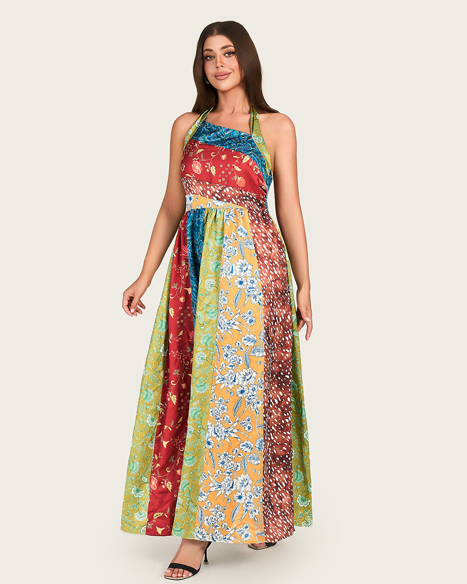 Patchwork Satin Maxi Dress