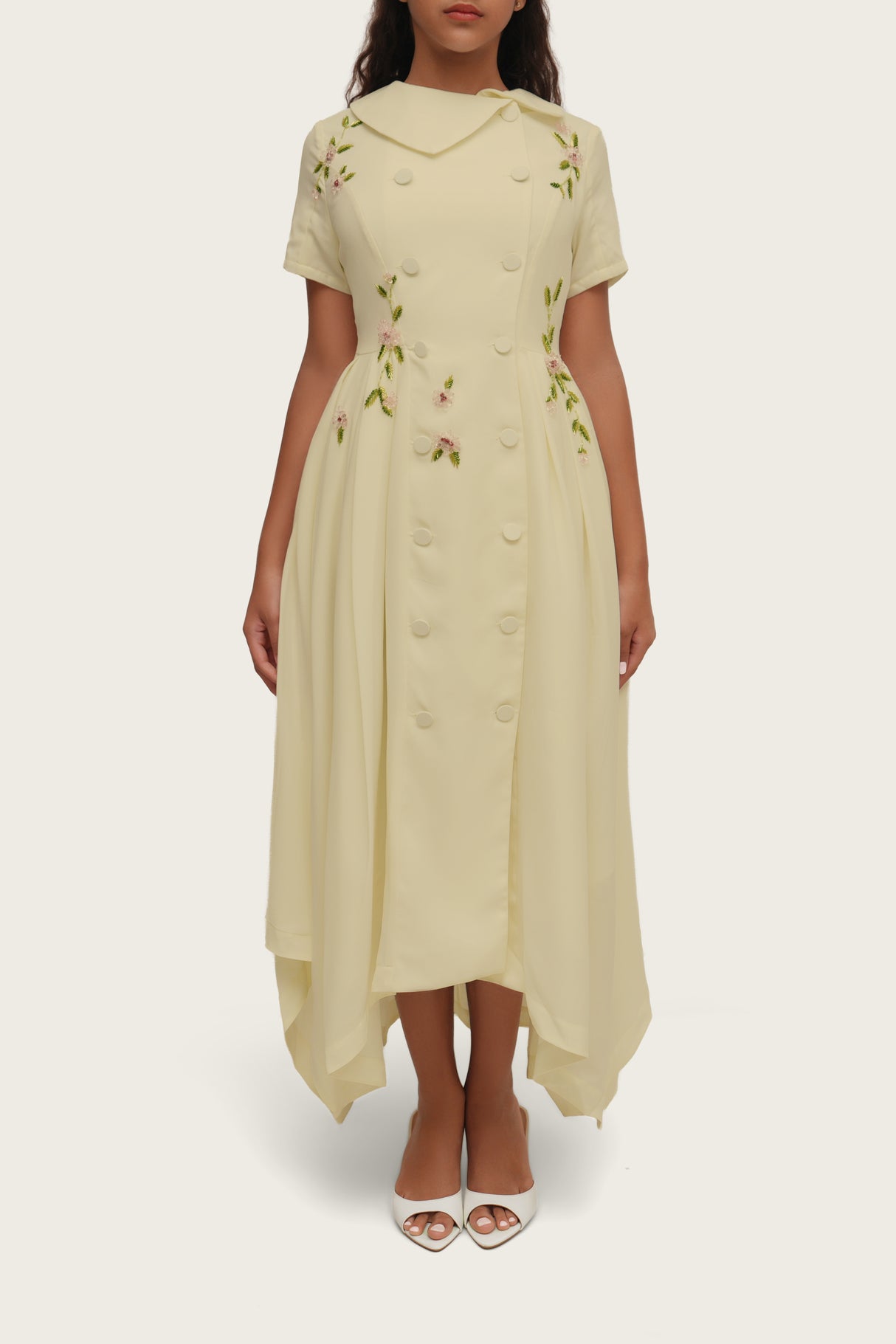 Luxury Butter Yellow Hand-Embellished Crepe Dress