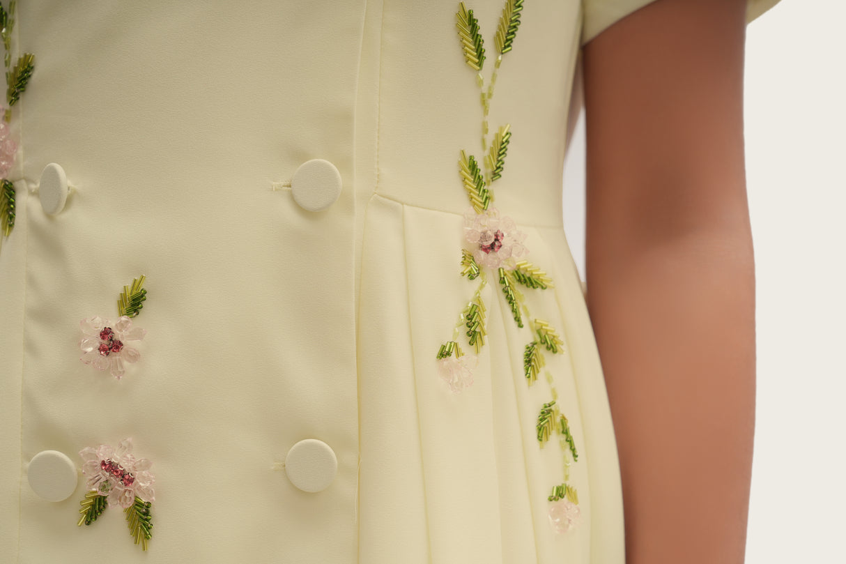 Luxury Butter Yellow Hand-Embellished Crepe Dress