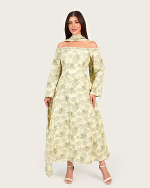Luxury Linen Palm Print Maxi Dress with Scarf & Flared Sleeves