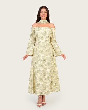 Luxury Linen Palm Print Maxi Dress with Scarf & Flared Sleeves