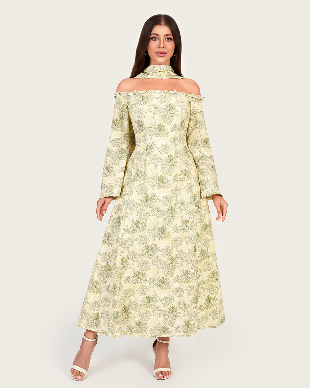Luxury Linen Palm Print Maxi Dress with Scarf & Flared Sleeves