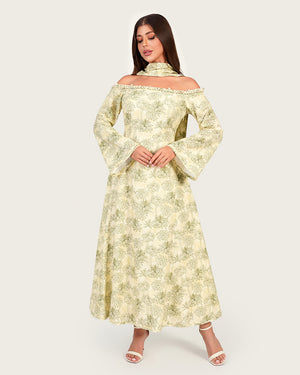 Luxury Linen Palm Print Maxi Dress with Scarf & Flared Sleeves