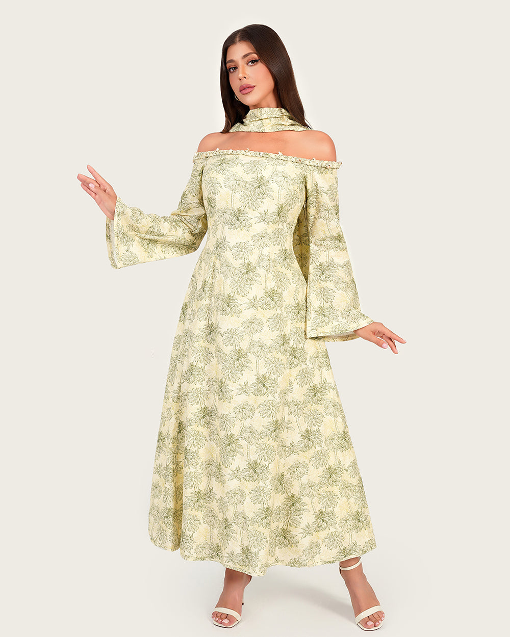 Luxury Linen Palm Print Maxi Dress with Scarf & Flared Sleeves