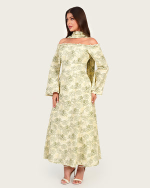 Luxury Linen Palm Print Maxi Dress with Scarf & Flared Sleeves