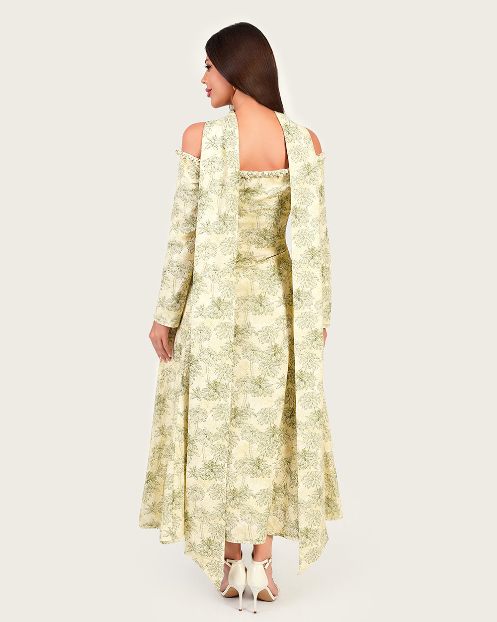 Luxury Linen Palm Print Maxi Dress with Scarf & Flared Sleeves