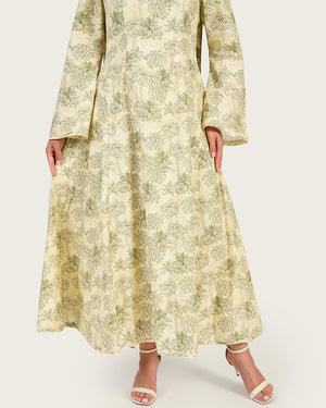 Luxury Linen Palm Print Maxi Dress with Scarf & Flared Sleeves