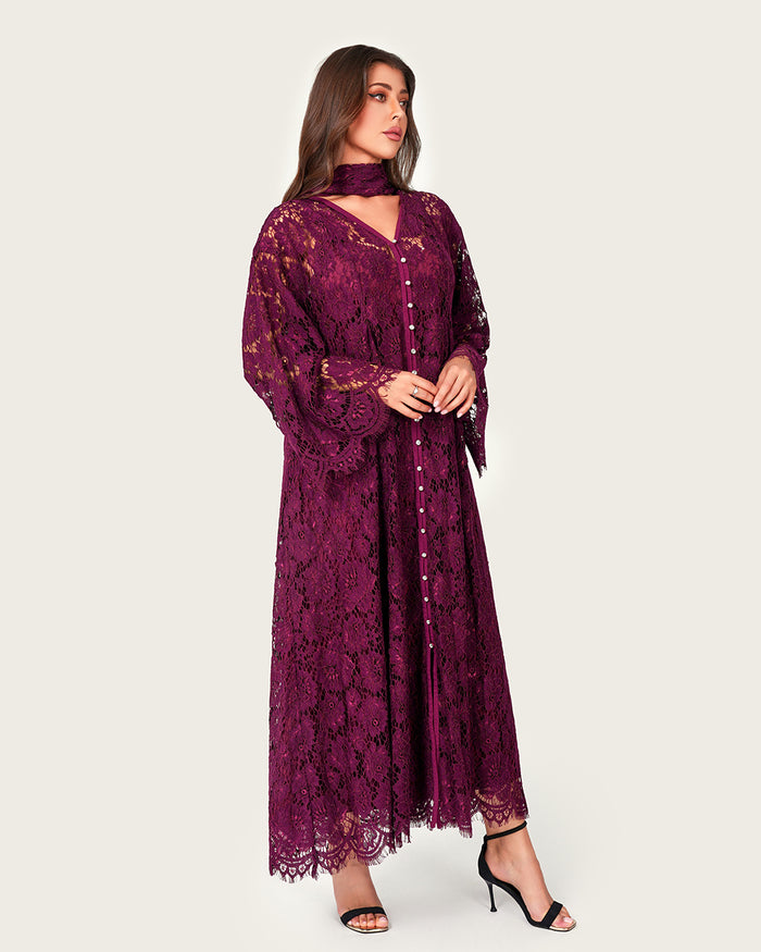 Plum Floral Lace Maxi Dress with Matching Scarf