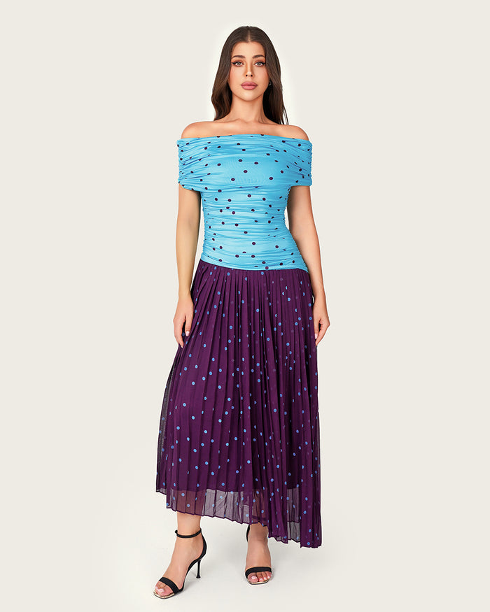 High-Low Dress Jersey and Polka Dot Chiffon off-the-shoulder Dress