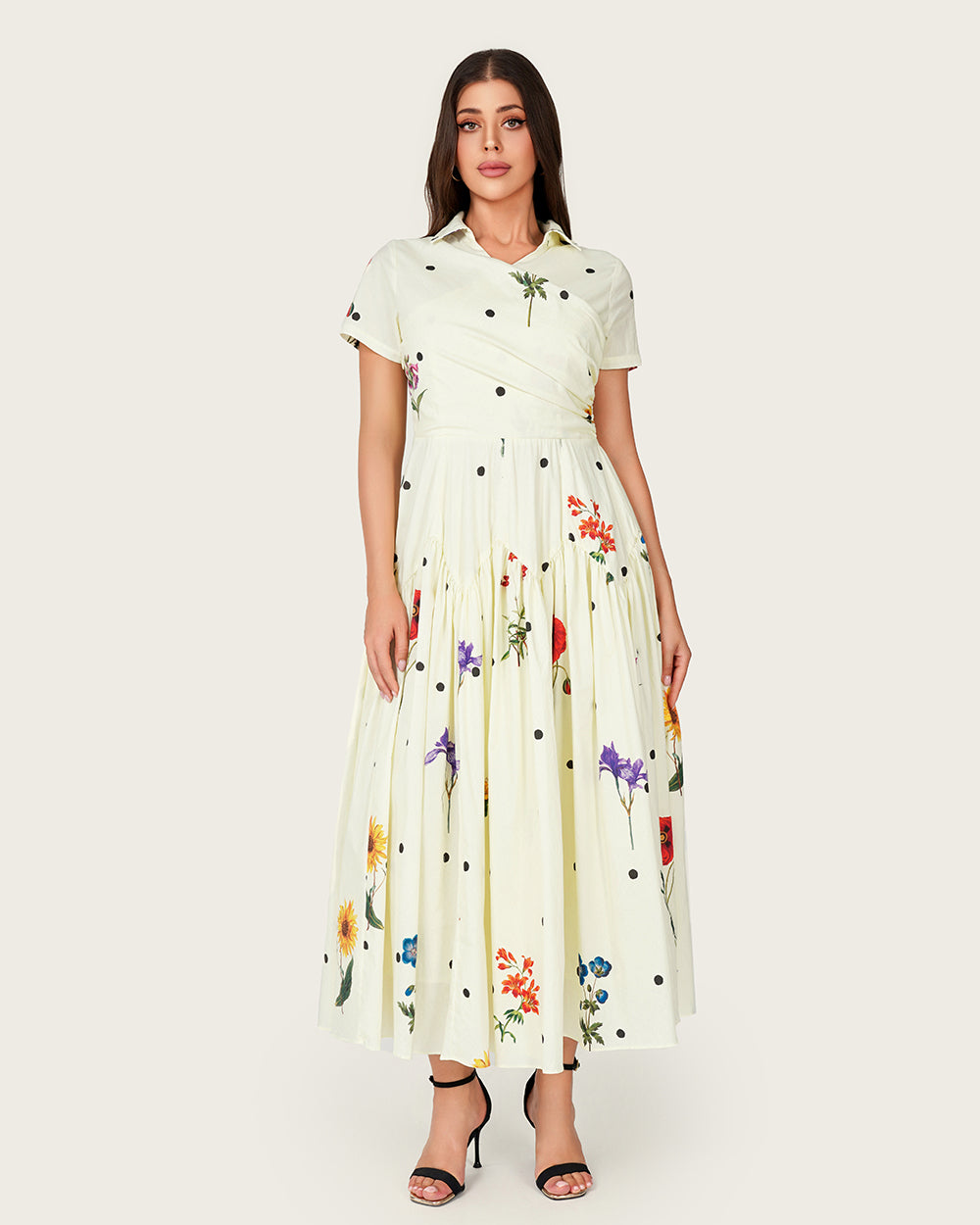 printed poplin midi dress Dominican Landscape cotton-poplin - light blue Warm iron if needed Luxury Poplin Midi Shirt Dress