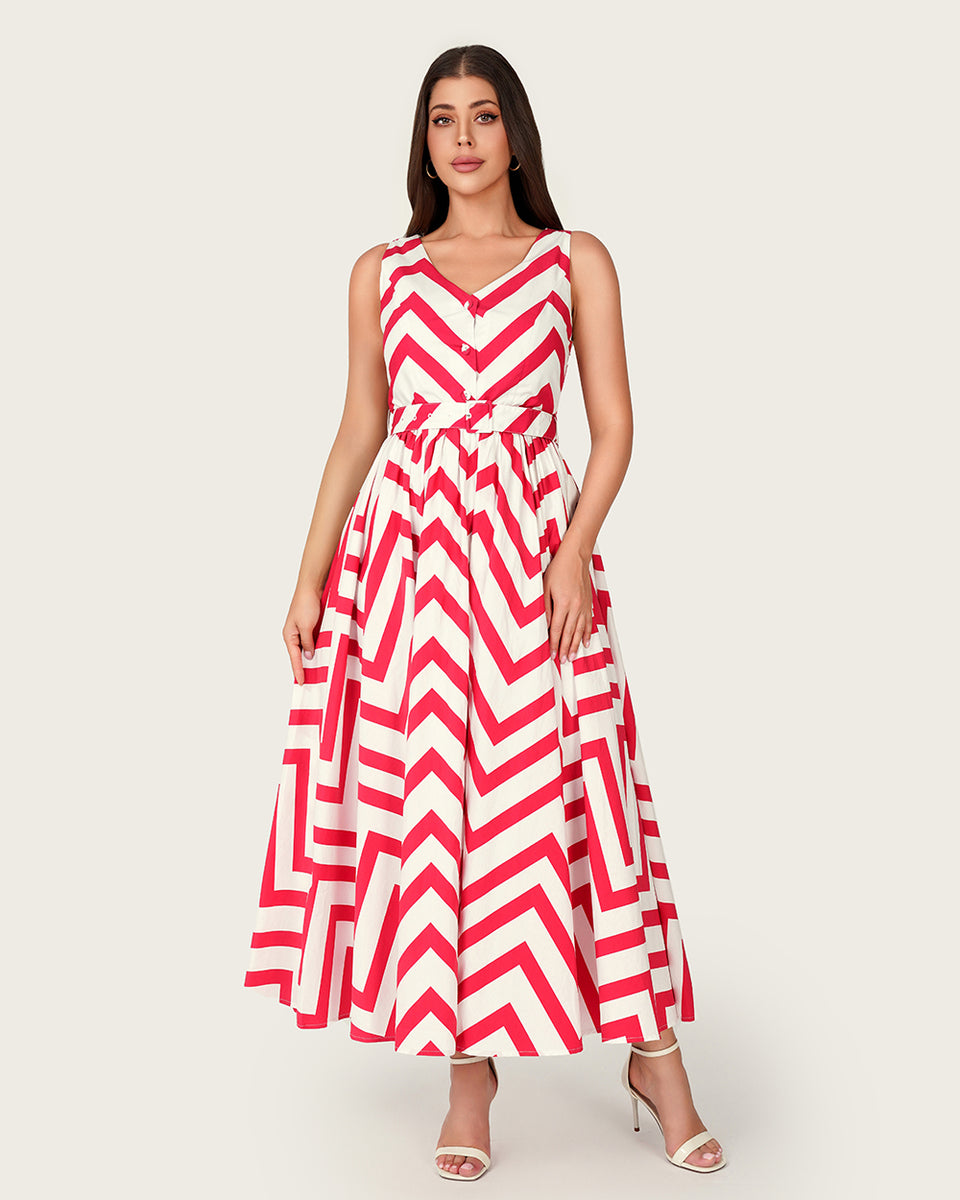 Chevron Poplin Ankle Length Dress with Belt