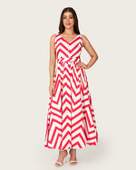 Chevron Poplin Ankle Length Dress with Belt