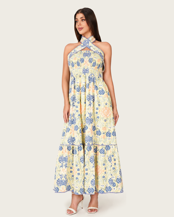 Floral Linen Halter Maxi Dress