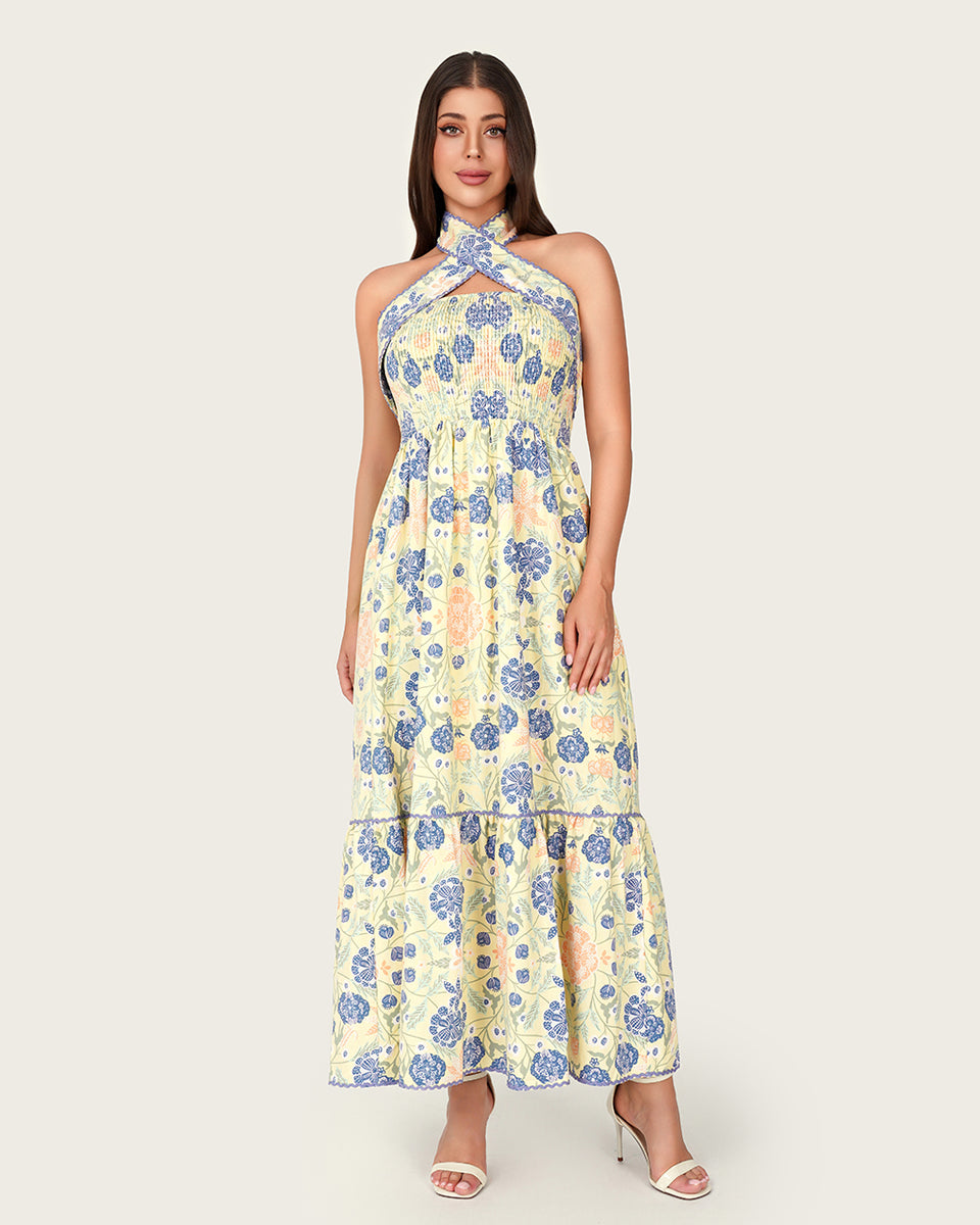 Floral Linen Halter Maxi Dress