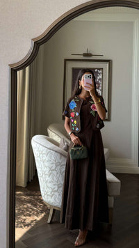 Luxury Linen Two-Piece Set with Hand-Appliqué Floral Embroidery