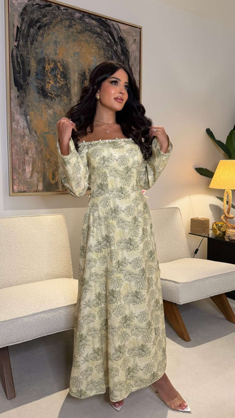 Luxury Linen Palm Print Maxi Dress with Scarf & Flared Sleeves