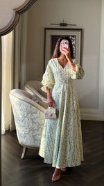 Luxury Poplin A-Line Ankle Length Dress with Floral Print & V-Neck