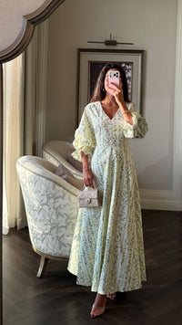 Luxury Poplin A-Line Ankle Length Dress with Floral Print & V-Neck