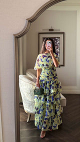 Luxury Linen Voile Floral Maxi Dress with Matching Cape