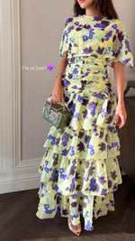 Luxury Linen Voile Floral Maxi Dress with Matching Cape