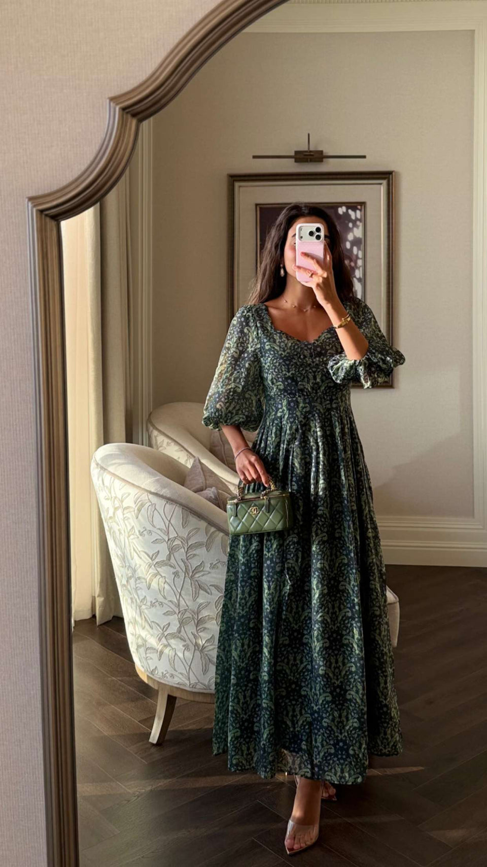 Luxury Linen Voile Floral Dress with Scalloped Sweetheart Neckline