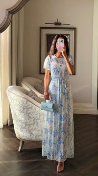 Floral Mesh Maxi Dress with Waist Belt
