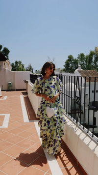 Luxury Linen Voile Floral Maxi Dress with Matching Cape