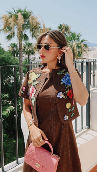 Luxury Linen Two-Piece Set with Hand-Appliqué Floral Embroidery