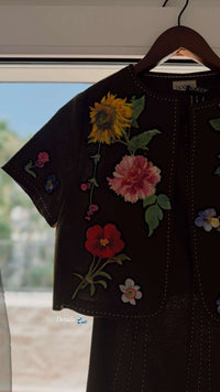 Luxury Linen Two-Piece Set with Hand-Appliqué Floral Embroidery