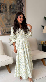 Luxury Poplin A-Line Ankle Length Dress with Floral Print & V-Neck