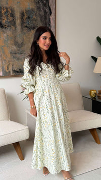 Luxury Poplin A-Line Ankle Length Dress with Floral Print & V-Neck