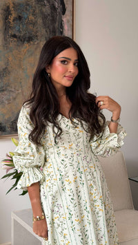 Luxury Poplin A-Line Ankle Length Dress with Floral Print & V-Neck