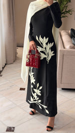 Crepe Dress with 3D Floral Appliqué & Chiffon Scarf