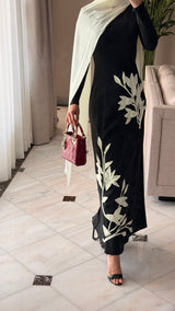 Crepe Dress with 3D Floral Appliqué & Chiffon Scarf