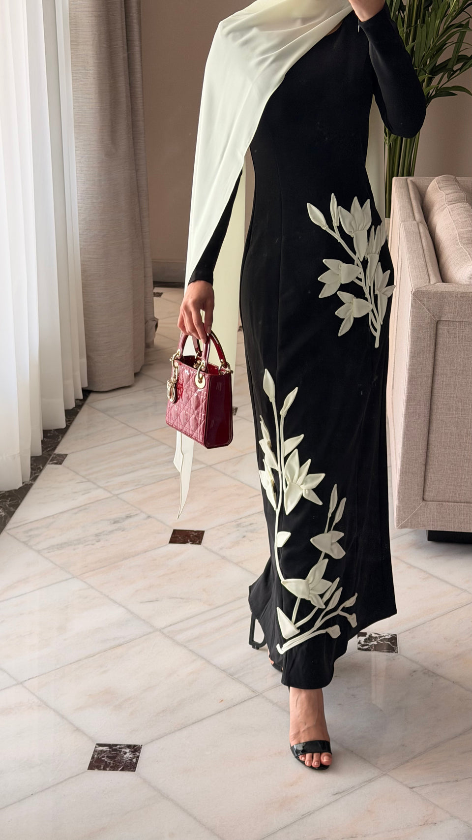 Crepe Dress with 3D Floral Appliqué & Chiffon Scarf