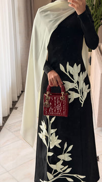 Crepe Dress with 3D Floral Appliqué & Chiffon Scarf