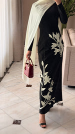 Crepe Dress with 3D Floral Appliqué & Chiffon Scarf