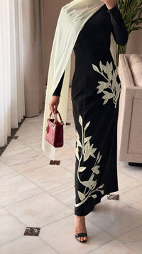 Crepe Dress with 3D Floral Appliqué & Chiffon Scarf