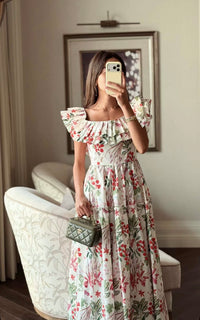 Luxury Poplin Floral Maxi Dress with Off-Shoulder Ruffle Neckline