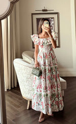 Luxury Poplin Floral Maxi Dress with Off-Shoulder Ruffle Neckline